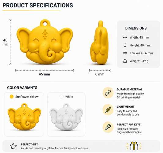 Product specifications and color variants chart for a yellow elephant-shaped keychain charm, showing front, side, and back dimensions, weight, and a white variant option on a clean white background.