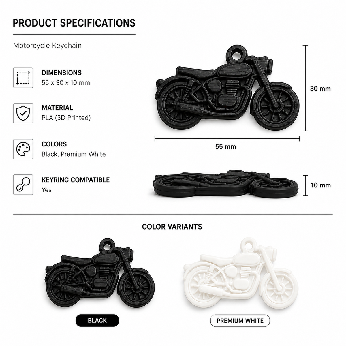 Product specifications and color variants for a motorcycle keychain charm. The image shows a black 3D-printed motorcycle keychain pendant with dimensions labeled as 55 x 30 x 10 mm, plus a second view showing three stacked keychains at 10 mm height.