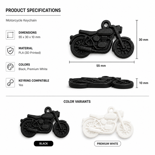 Product specifications and color variants for a motorcycle keychain charm. The image shows a black 3D-printed motorcycle keychain pendant with dimensions labeled as 55 x 30 x 10 mm, plus a second view showing three stacked keychains at 10 mm height.