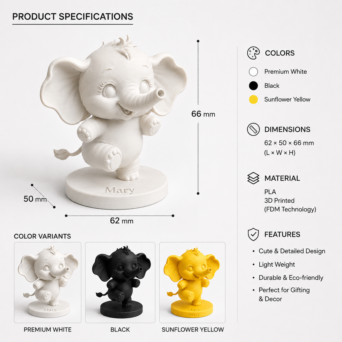 Product specifications graphic for a 3D-printed elephant figurine. The main image shows a white elephant on a round base with dimensions labeled 66 mm in height and 62 mm in width.