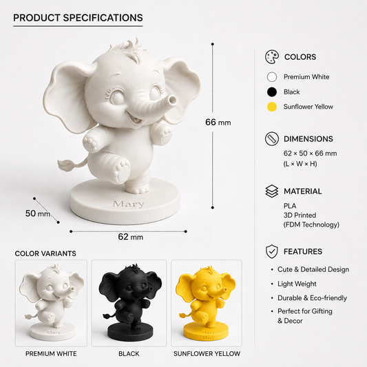 Product specifications graphic for a 3D-printed elephant figurine. The main image shows a white elephant on a round base with dimensions labeled 66 mm in height and 62 mm in width.
