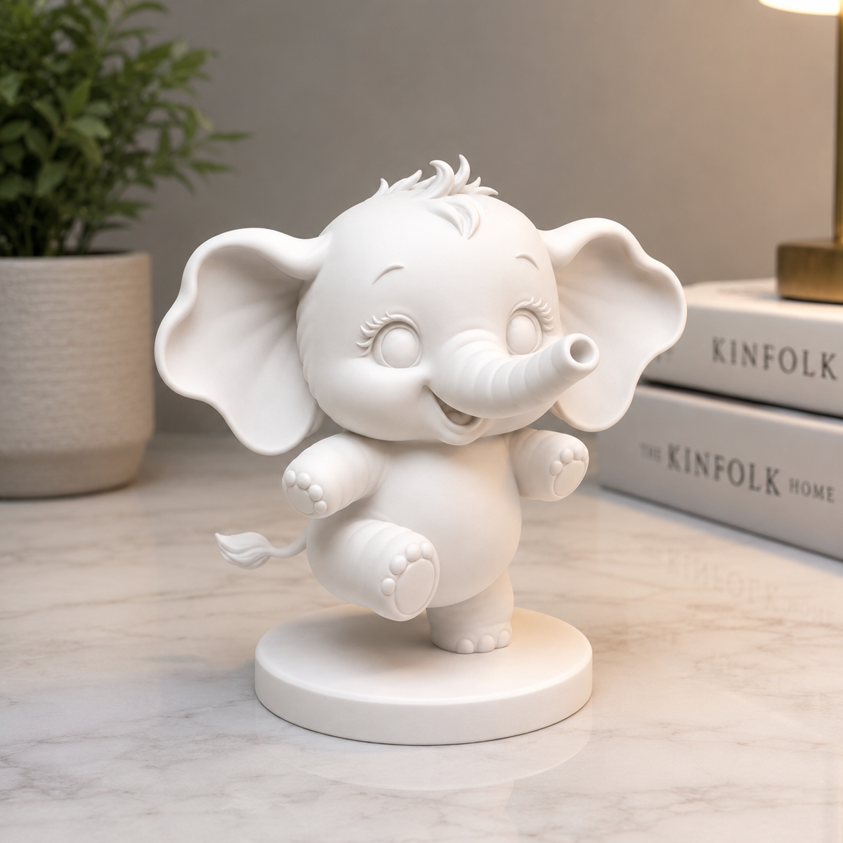 A white ceramic figurine of a cute, smiling baby elephant standing on a round base, placed on a marble tabletop with books and a potted plant in the background.