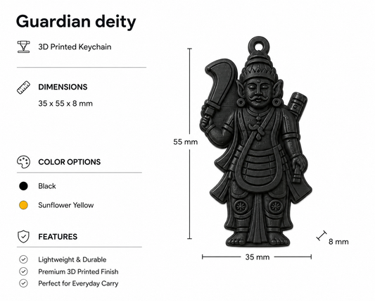 A 3D printed keychain pendant of a guardian deity in black, shown with product specifications on a white background. The left side lists details including dimensions (35 x 55 x 8 mm), color options (Black and Sunflower Yellow), and features.