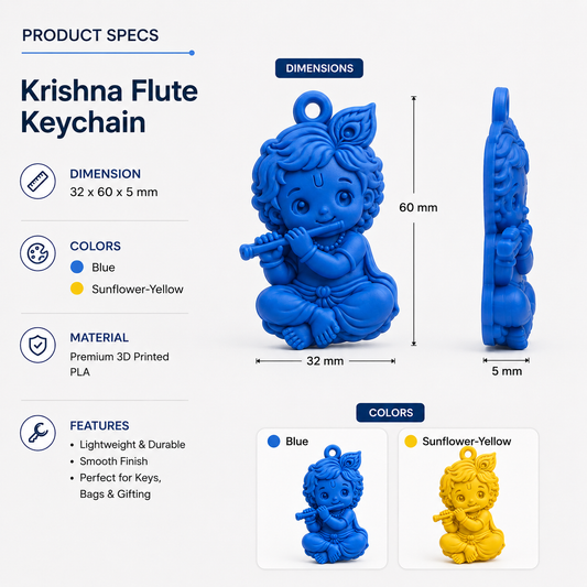 Product spec sheet for the Krishna Flute Keychain, showing a blue 3D-printed keychain charm with dimensions, material details, and color options including blue and sunflower yellow.