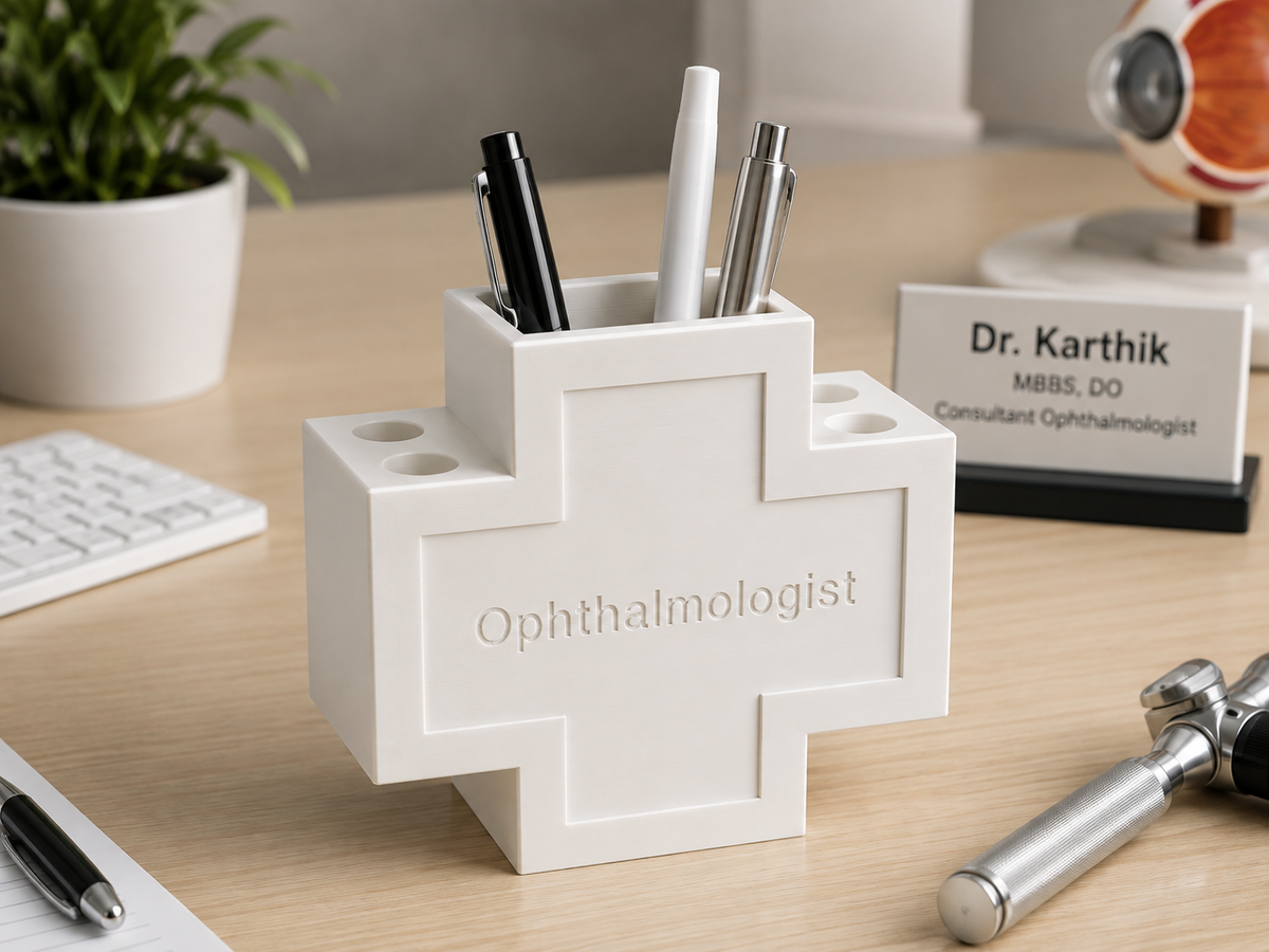 A white cross-shaped desk organizer with the word 'Ophthalmologist' embossed on the front, holding several pens, placed on a light wood desk with office props including a keyboard, plant, and nameplate.