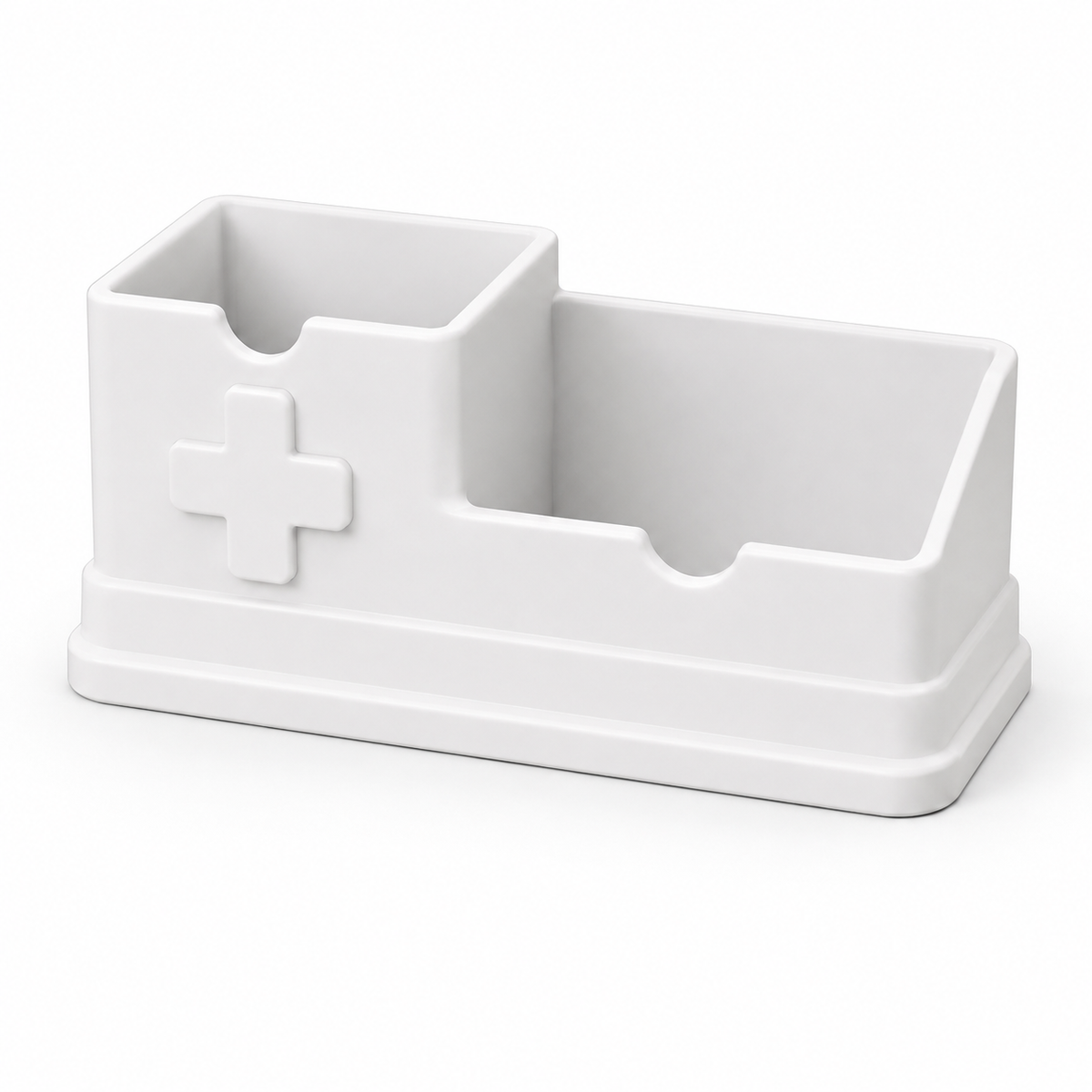 A white dual-compartment desk organizer with a raised cross detail on the front of the left compartment, shown on a clean white background.