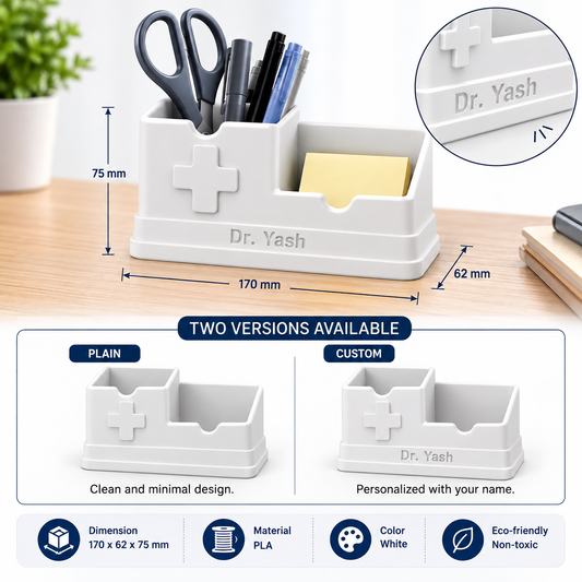 White PLA desk organizer with a cross emblem and customizable 'Dr. Yash' text, shown on a wooden desk with dimension annotations, a close-up inset, and smaller views of plain and custom versions.