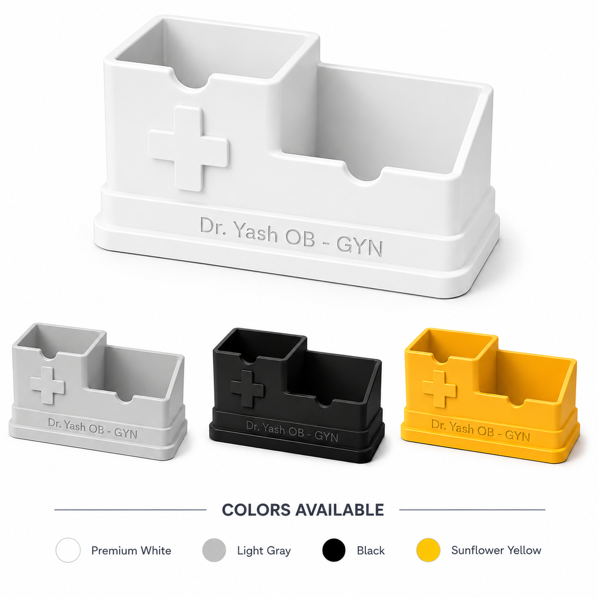 A dual-compartment plastic storage organizer shown in four colors: white, light gray, black, and yellow. The main product shown is white, with the text 'Dr.