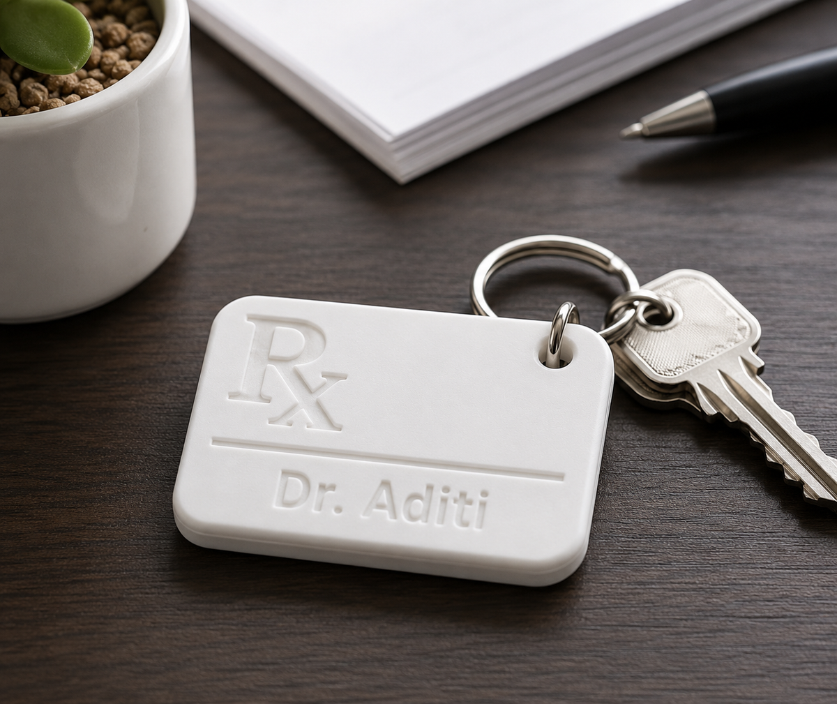 A white personalized prescription keychain with an embossed Rx symbol and the name 'Dr. Aditi' on a metal keyring with keys, placed on a dark wood desk next to a notebook, pen, and small plant pot.